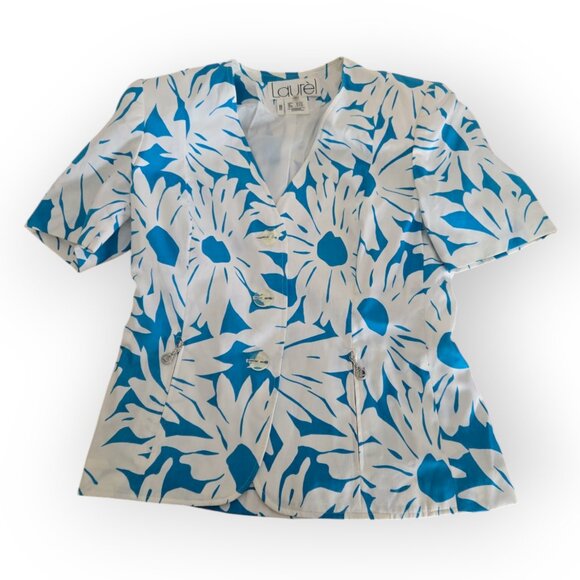 Laurel by ESCADA White Blue Floral Print Short Sleeve Jacket Pencil Skirt 10 NWT - Picture 5 of 11